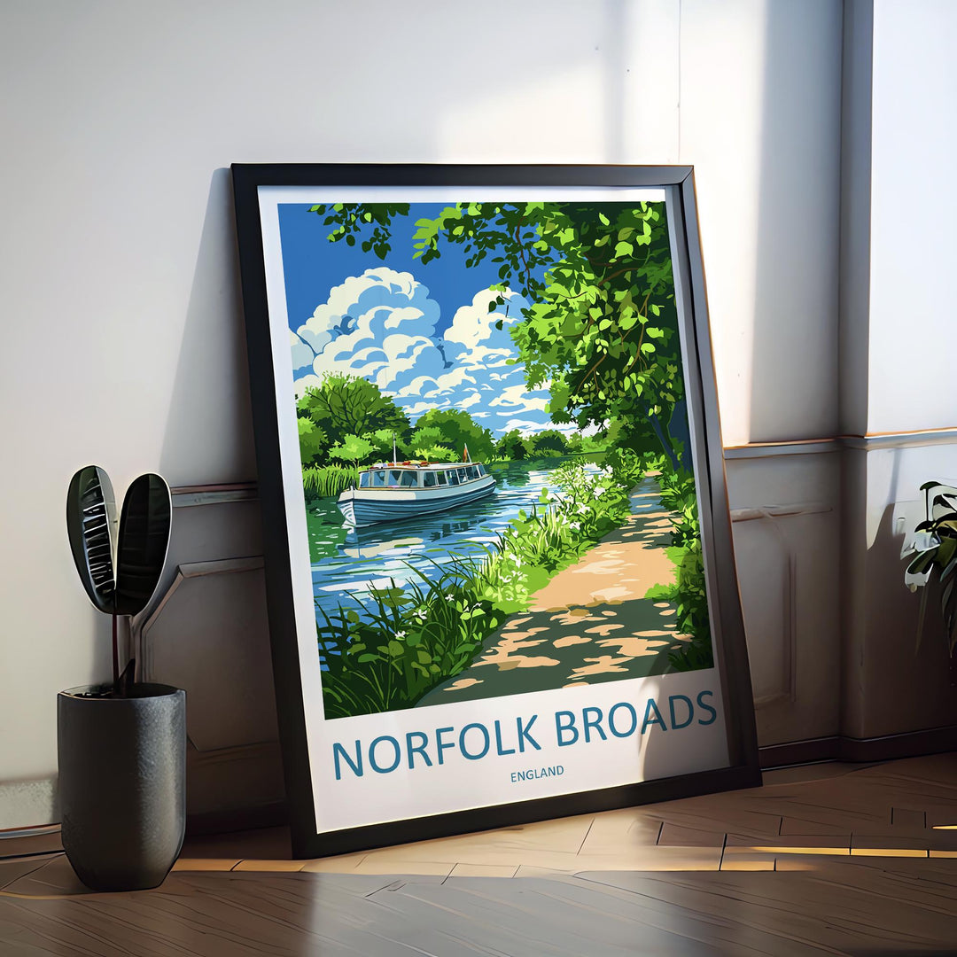 Norfolk Broads Travel Poster England Wall Art River Scene Print Boating View Illustration Waterside Decor Norfolk Gift Souvenir