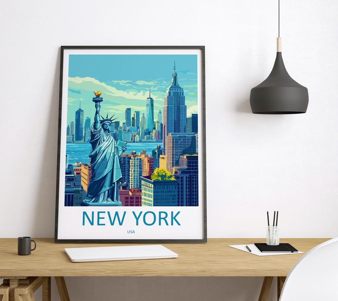 New York Travel Poster USA Wall Art Cityscape Print Skyline View Illustration Manhattan Decor NYC Gift Souvenir Empire Scene