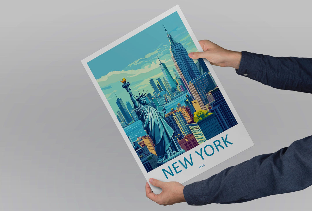 New York Travel Poster USA Wall Art Cityscape Print Skyline View Illustration Manhattan Decor NYC Gift Souvenir Empire Scene