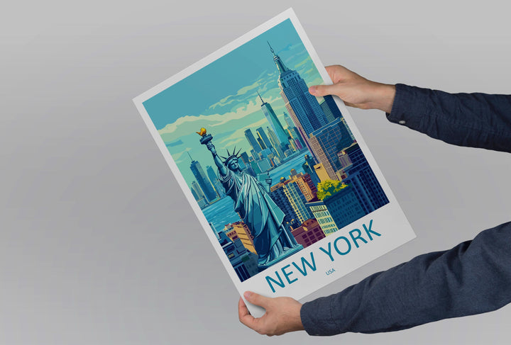 New York Travel Poster USA Wall Art Cityscape Print Skyline View Illustration Manhattan Decor NYC Gift Souvenir Empire Scene