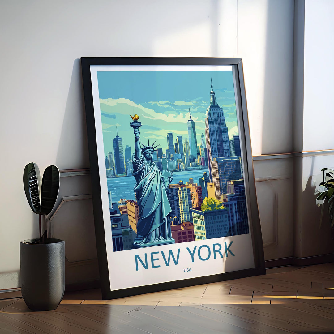 New York Travel Poster USA Wall Art Cityscape Print Skyline View Illustration Manhattan Decor NYC Gift Souvenir Empire Scene
