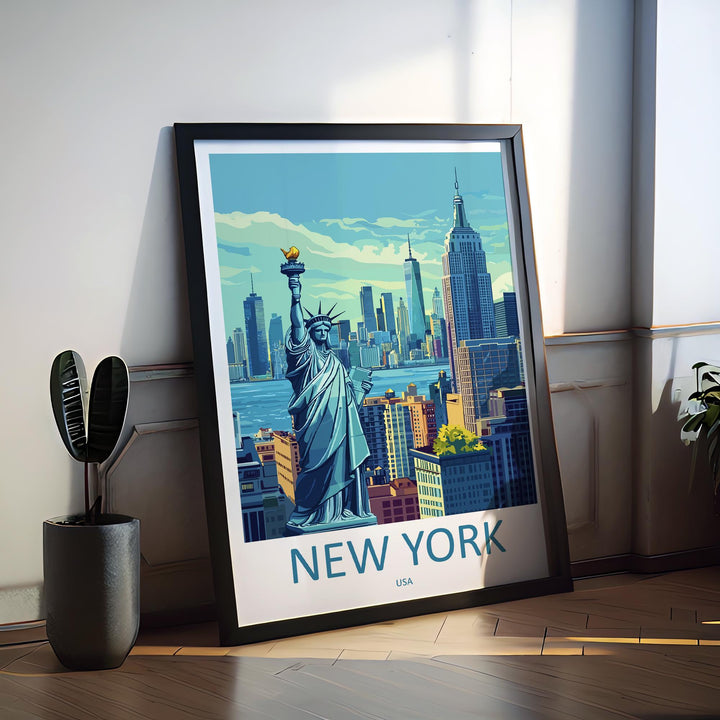 New York Travel Poster USA Wall Art Cityscape Print Skyline View Illustration Manhattan Decor NYC Gift Souvenir Empire Scene
