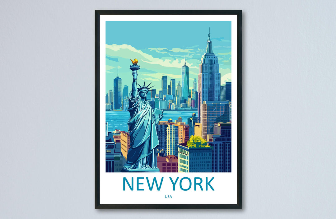 New York Travel Poster USA Wall Art Cityscape Print Skyline View Illustration Manhattan Decor NYC Gift Souvenir Empire Scene