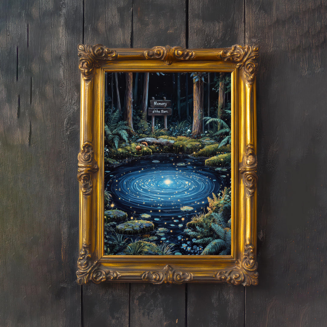 Twilight Mirror Pond Print, Vintage Cottagecore Nature Art