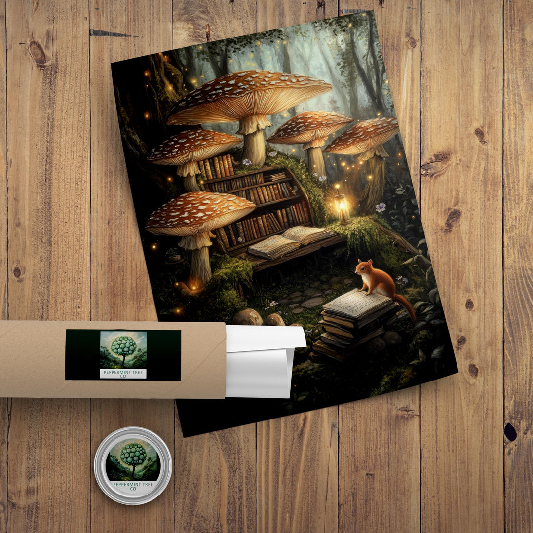 Mushroom Library Print, Vintage Cottagecore Magical Forest Art