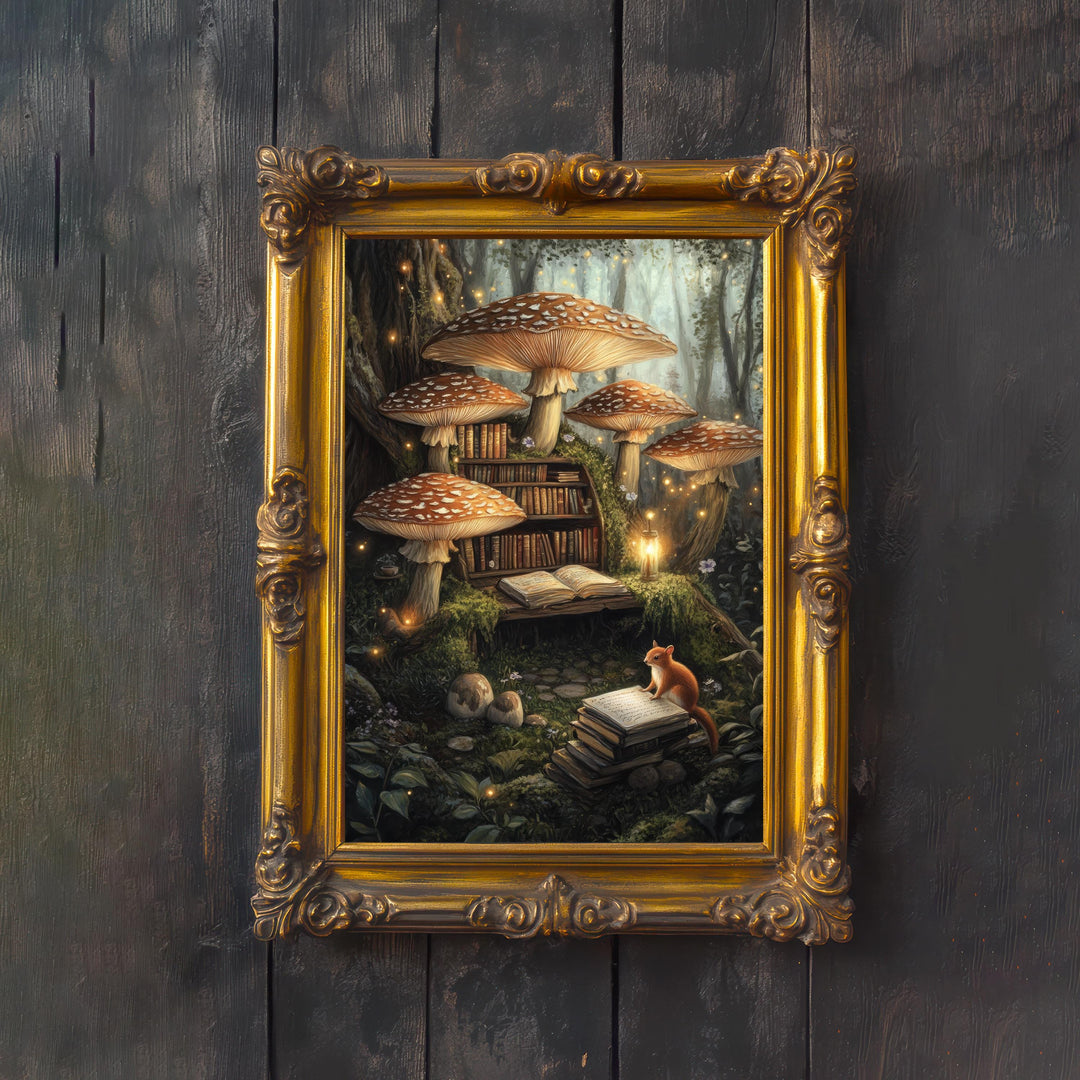 Mushroom Library Print, Vintage Cottagecore Magical Forest Art