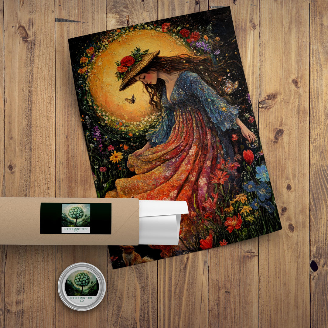 Rainbow Garden Witch Print, Vintage Cottagecore Art