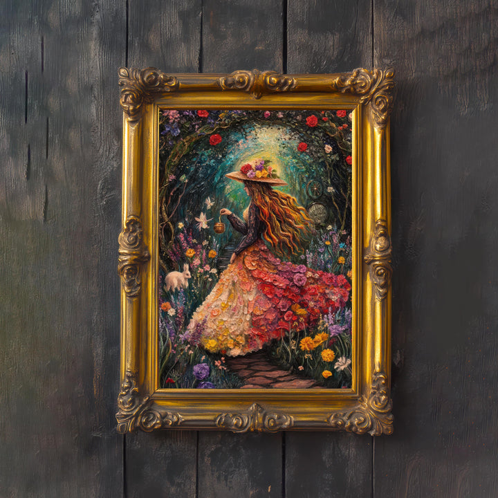 Rainbow Garden Witch Print, Vintage Cottagecore Floral Art