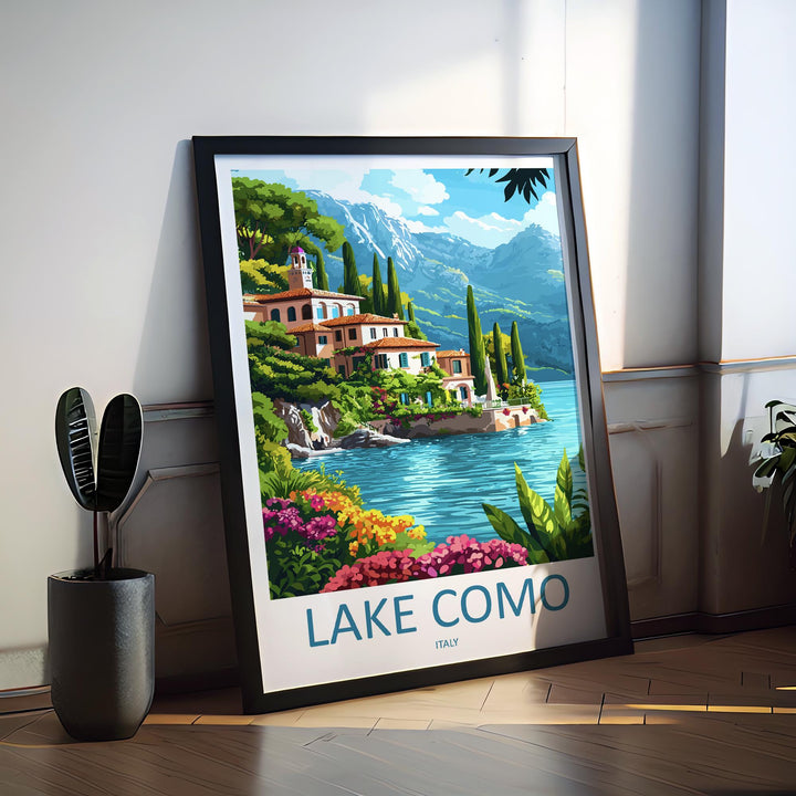 Lake Como Travel Poster Italy Wall Art Waterfront View Print Villa Scene Illustration Alpine Decor Lake Como Gift Souvenir Scene