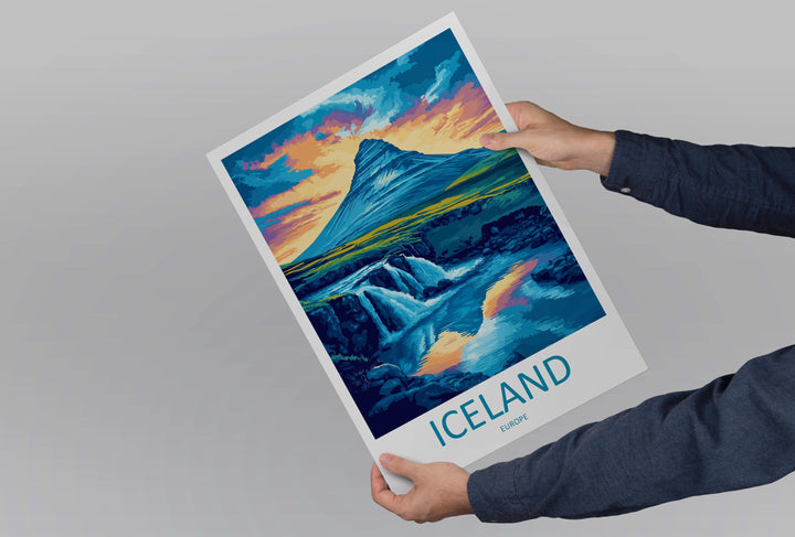 Iceland Travel Poster Nordic Wall Art Landscape Print Waterfall View Illustration Volcanic Decor Iceland Gift Souvenir Scene