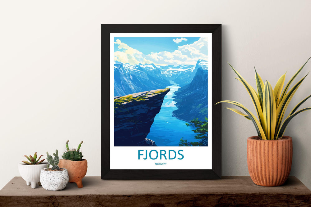 Norway Fjords Travel Poster Nordic Wall Art Coastal Landscape Print Cliff View Illustration Nature Decor Fjord Gift Souvenir Scene
