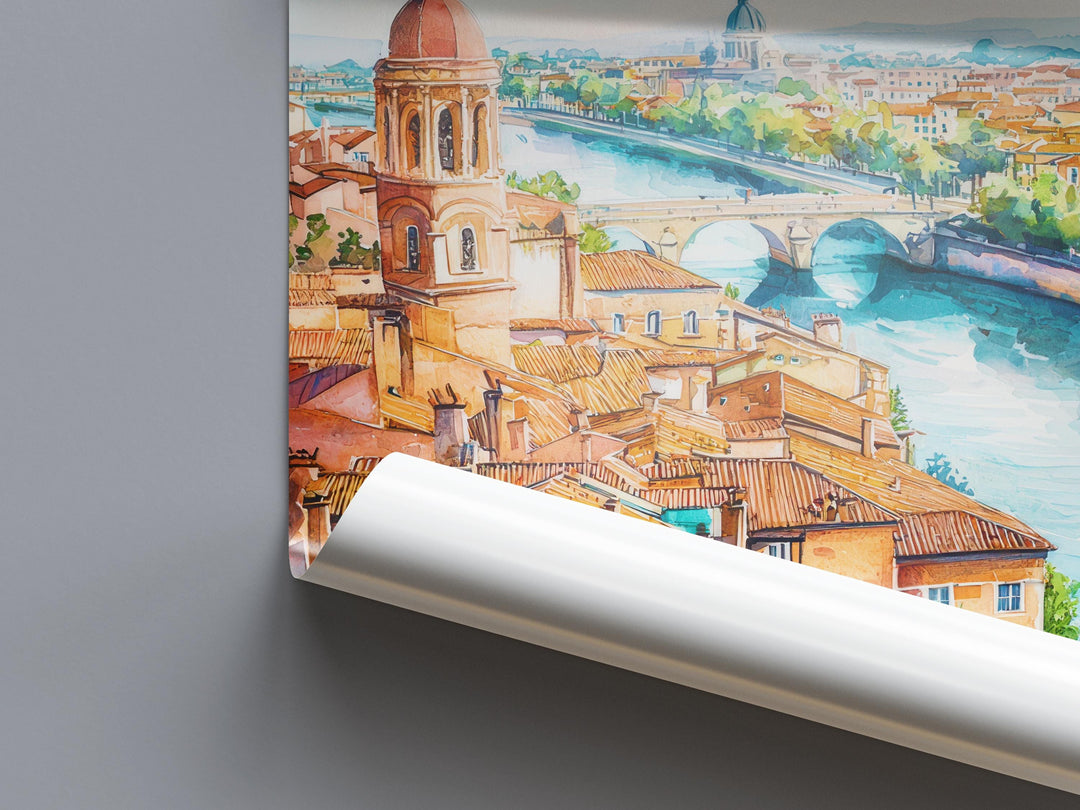 Toulouse Watercolor Poster Toulouse Travel Print France Wall Art Toulouse Architecture Decor Pink City Scene Garonne River Landscape