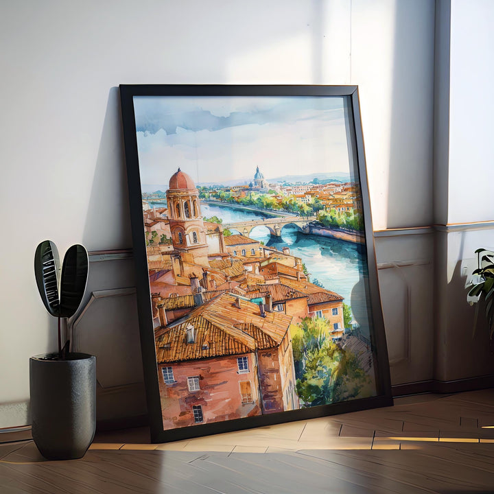 Toulouse Watercolor Poster Toulouse Travel Print France Wall Art Toulouse Architecture Decor Pink City Scene Garonne River Landscape