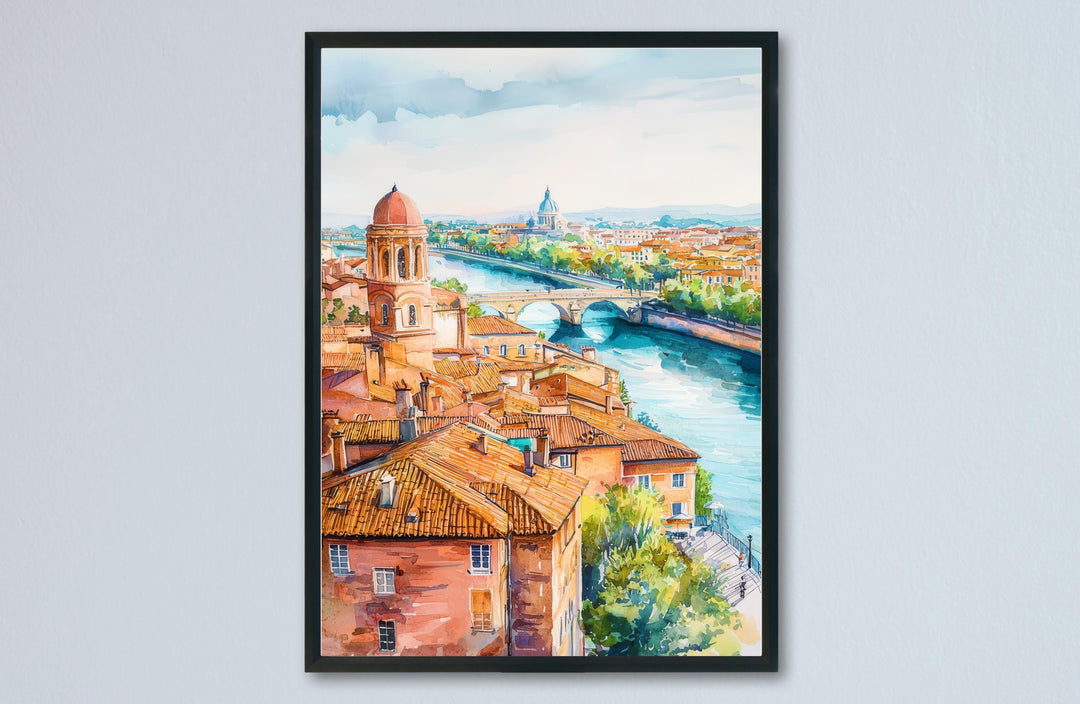 Toulouse Watercolor Poster Toulouse Travel Print France Wall Art Toulouse Architecture Decor Pink City Scene Garonne River Landscape
