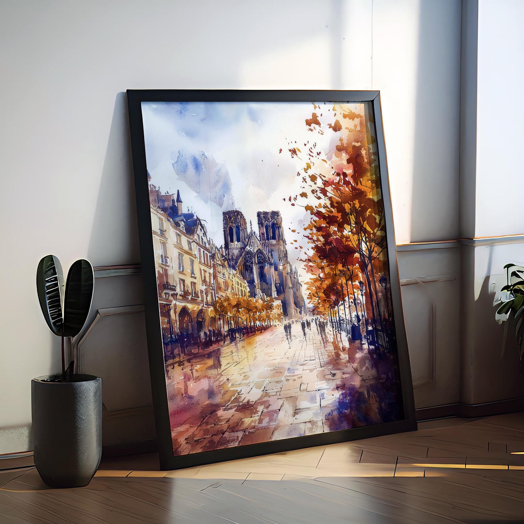 Reims Watercolor Poster Reims Travel Print France Wall Art Reims Cathedral Decor Champagne City Scene French Architecture Landscape Print