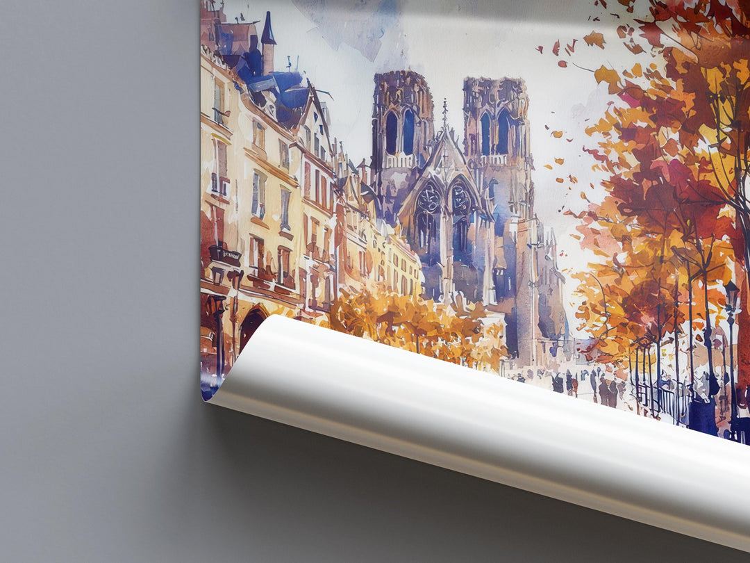 Reims Watercolor Poster Reims Travel Print France Wall Art Reims Cathedral Decor Champagne City Scene French Architecture Landscape Print