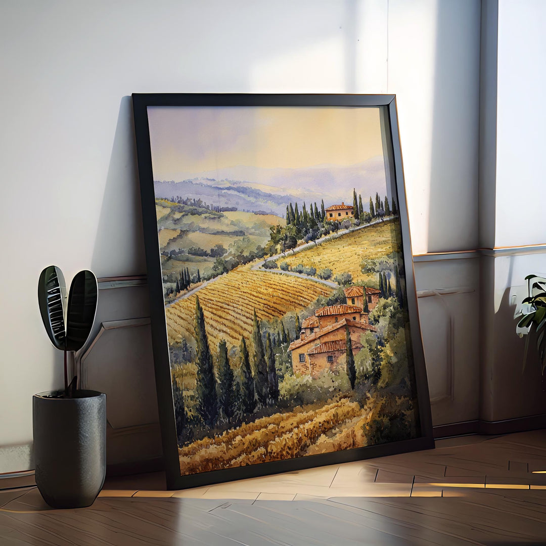 Tuscany Watercolor Poster Tuscany Travel Print Tuscany Wall Art Countryside Painting Italy Landscape Souvenir Decor