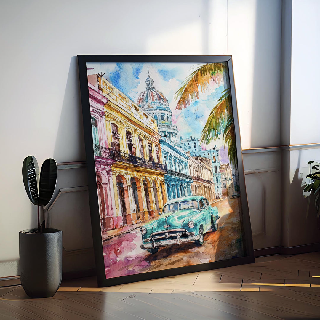 Cuba Watercolor Poster Cuba Travel Print Cuba Wall Art Vintage Car Painting Havana Cityscape Cuba Souvenir Decor