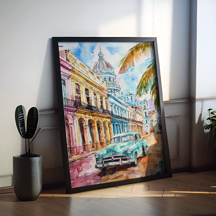 Cuba Watercolor Poster Cuba Travel Print Cuba Wall Art Vintage Car Painting Havana Cityscape Cuba Souvenir Decor