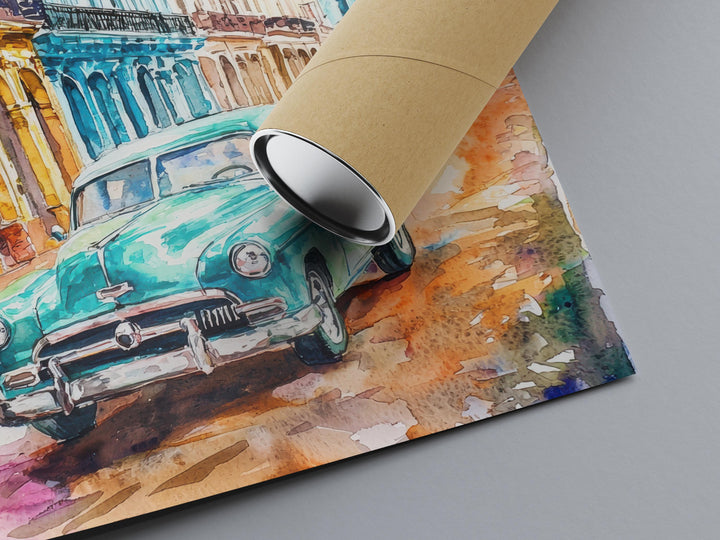 Cuba Watercolor Poster Cuba Travel Print Cuba Wall Art Vintage Car Painting Havana Cityscape Cuba Souvenir Decor