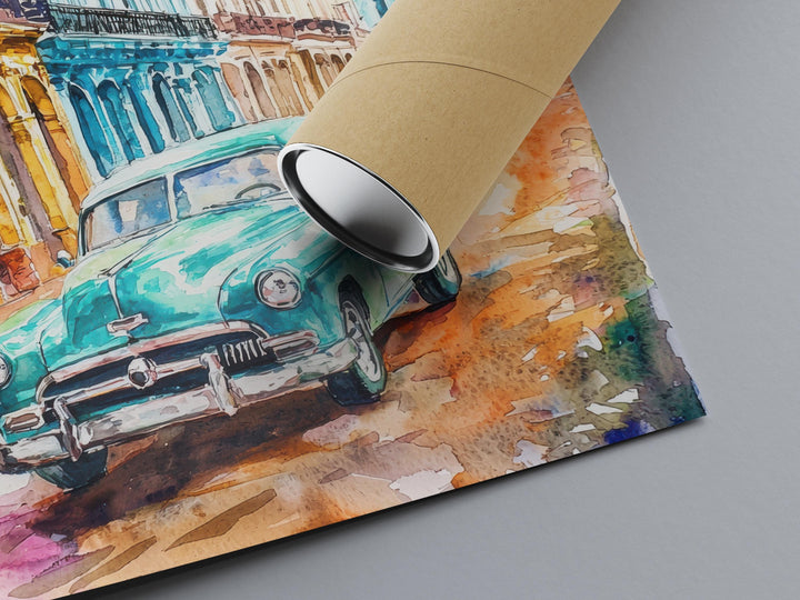 Cuba Watercolor Poster Cuba Travel Print Cuba Wall Art Vintage Car Painting Havana Cityscape Cuba Souvenir Decor