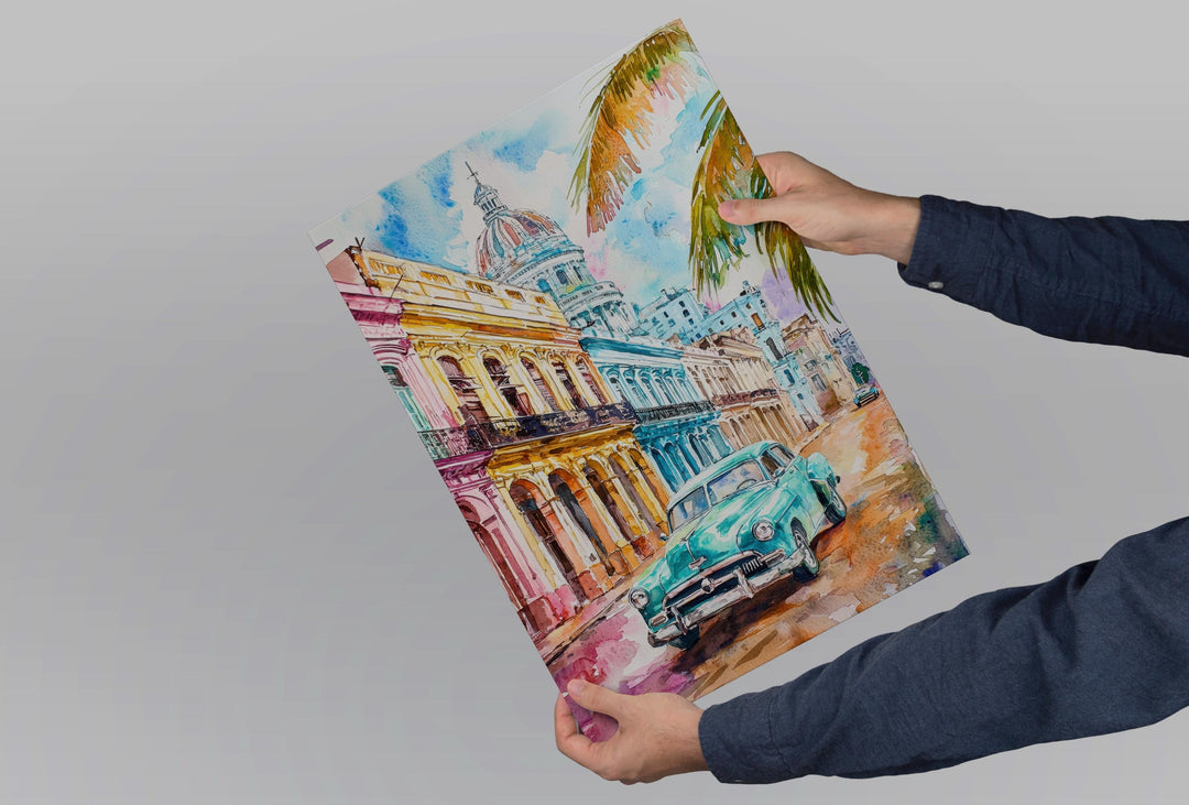 Cuba Watercolor Poster Cuba Travel Print Cuba Wall Art Vintage Car Painting Havana Cityscape Cuba Souvenir Decor