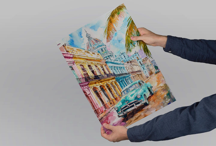 Cuba Watercolor Poster Cuba Travel Print Cuba Wall Art Vintage Car Painting Havana Cityscape Cuba Souvenir Decor