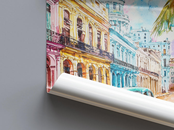 Cuba Watercolor Poster Cuba Travel Print Cuba Wall Art Vintage Car Painting Havana Cityscape Cuba Souvenir Decor