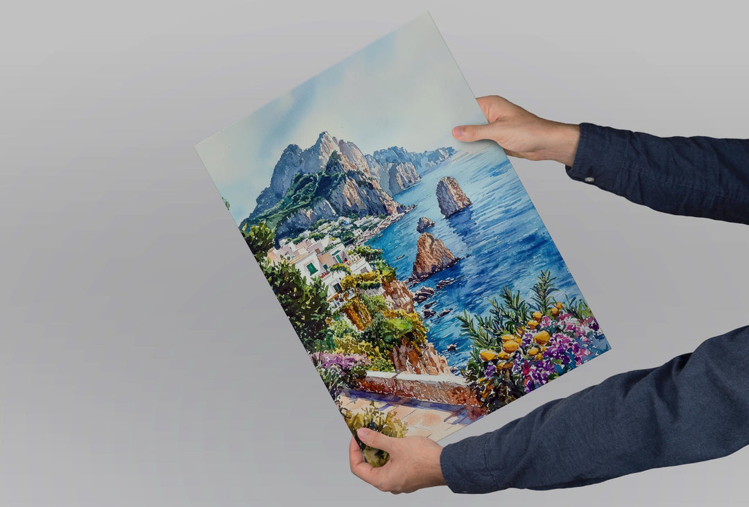 Capri Watercolor Poster Capri Travel Print Capri Wall Art Italy Island Painting Capri Souvenir Mediterranean Decor