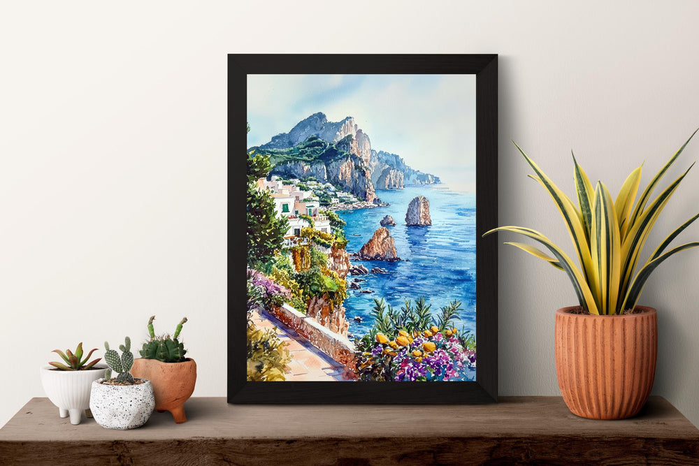 Capri Watercolor Poster Capri Travel Print Capri Wall Art Italy Island Painting Capri Souvenir Mediterranean Decor