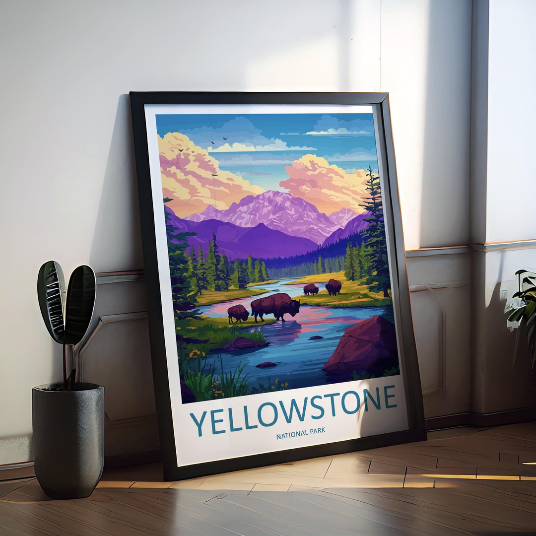 Yellowstone Cartoon Travel Poster National Park Wall Art Wyoming Print Mountain Illustration Nature Decor Yellowstone Souvenir Gift