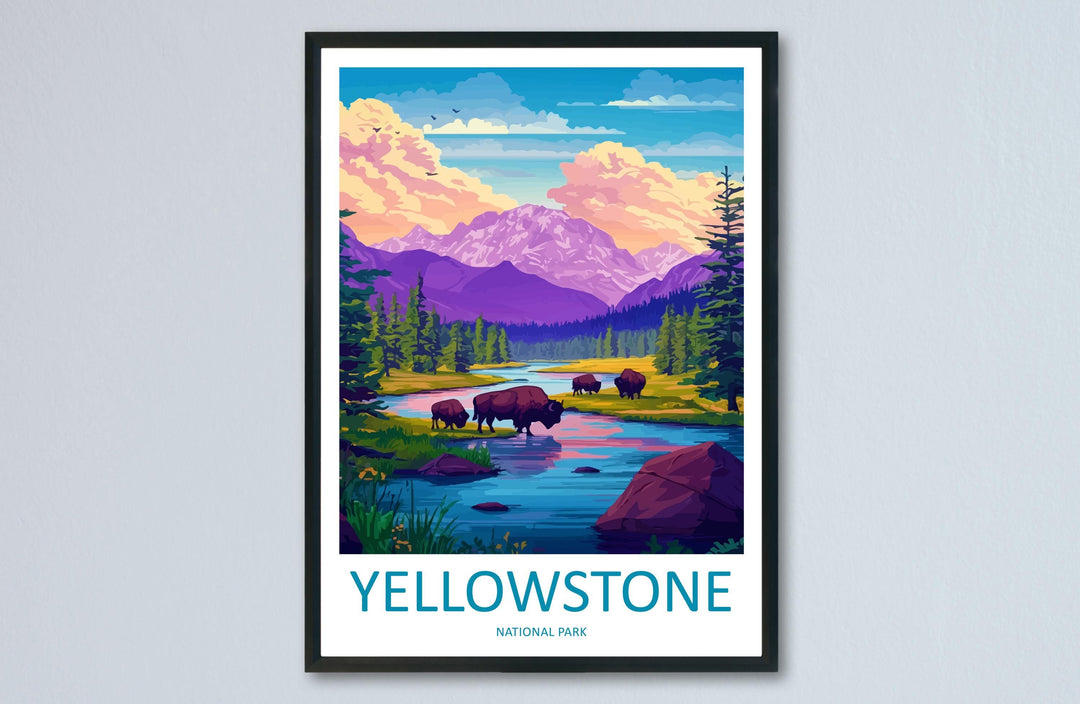 Yellowstone Cartoon Travel Poster National Park Wall Art Wyoming Print Mountain Illustration Nature Decor Yellowstone Souvenir Gift