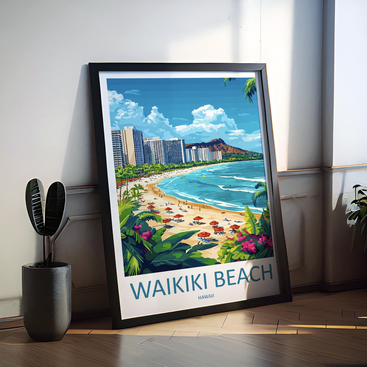 Waikiki Beach Cartoon Travel Poster Hawaii Wall Art Tropical Print Island Illustration Coastal Decor Waikiki Souvenir Gift