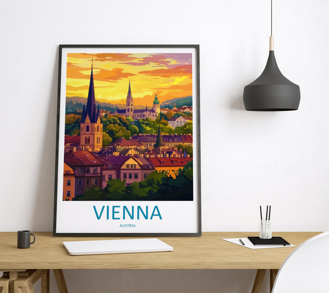 Vienna Cartoon Travel Poster Austria Wall Art Cityscape Print European Illustration Historic Decor Vienna Souvenir Gift