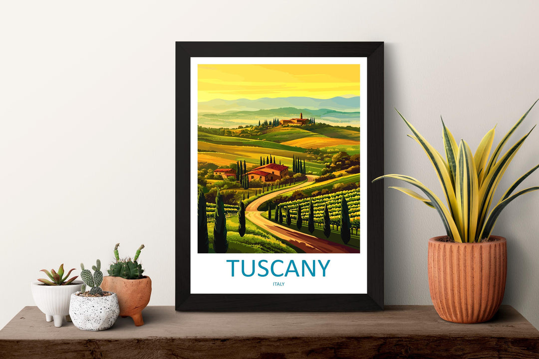 Tuscany Cartoon Travel Poster Italy Wall Art Countryside Print Vineyard Illustration Rustic Decor Tuscany Souvenir Gift