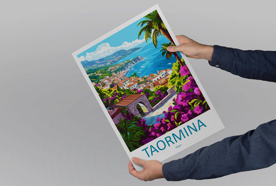 Taormina Cartoon Travel Poster Sicily Wall Art Italy Print Coastal Illustration Mediterranean Decor Taormina Souvenir Gift