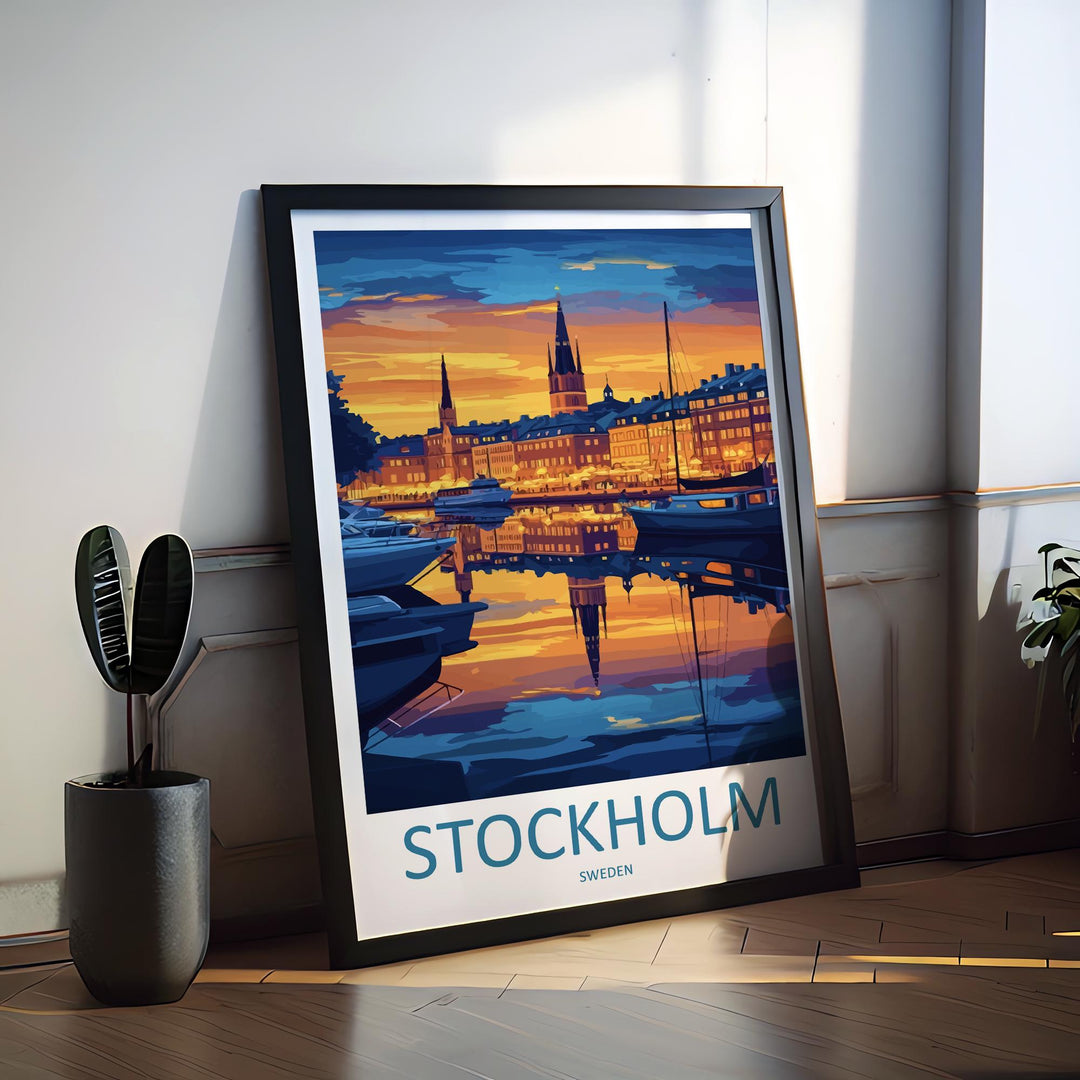 Stockholm Cartoon Travel Poster Sweden Wall Art Cityscape Print Scandinavian Illustration Nordic Decor Stockholm Souvenir Gift