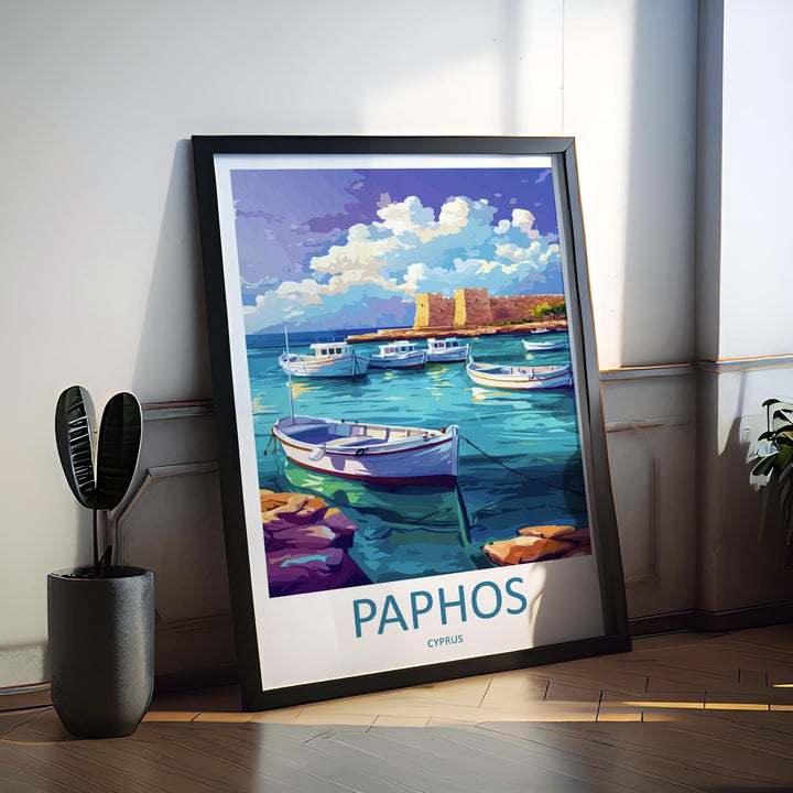 Paphos Cartoon Travel Poster Cyprus Wall Art Coastal Print Mediterranean Illustration Historic Decor Paphos Souvenir Gift