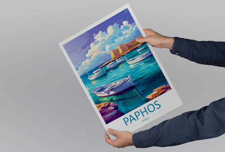 Paphos Cartoon Travel Poster Cyprus Wall Art Coastal Print Mediterranean Illustration Historic Decor Paphos Souvenir Gift
