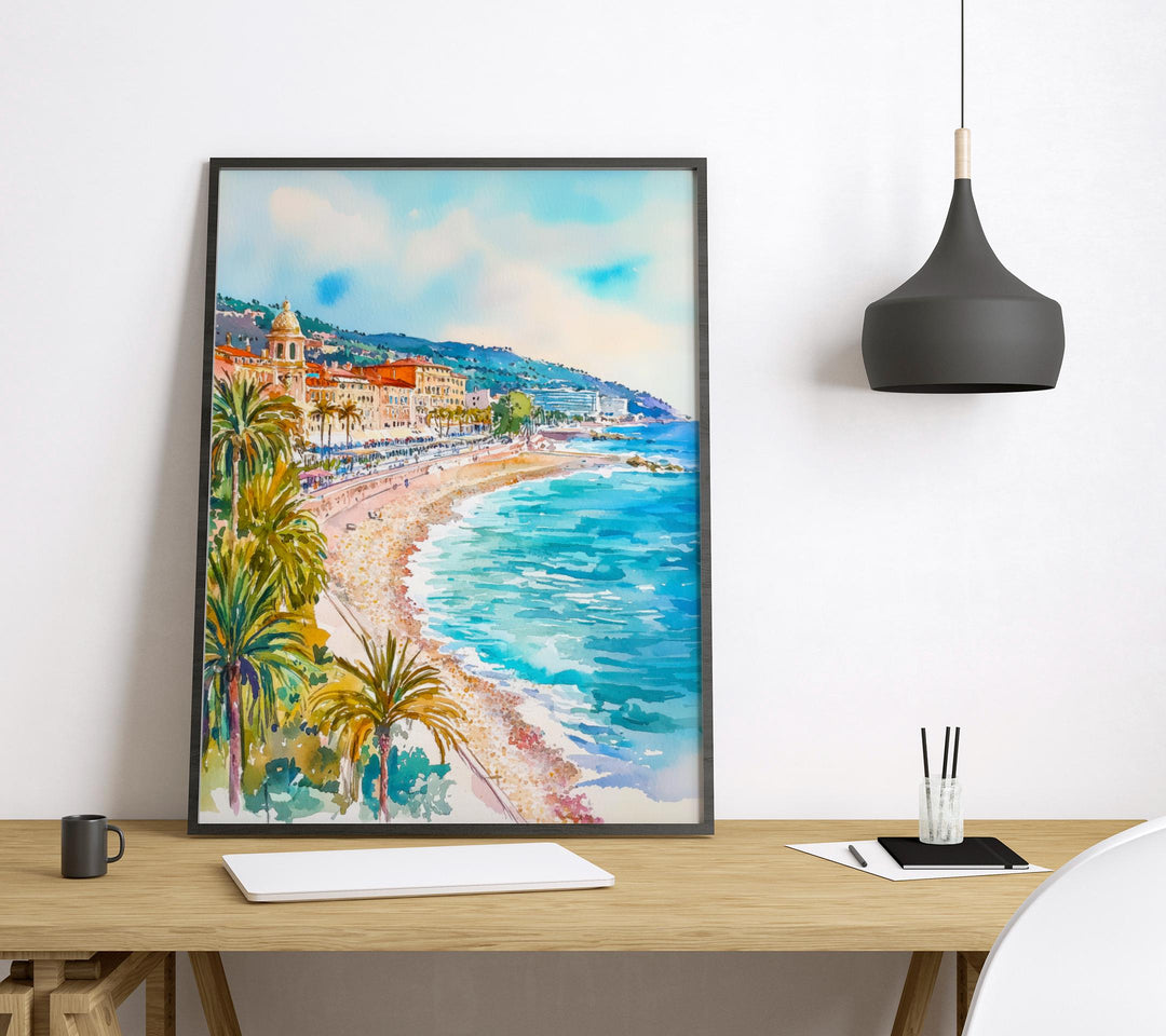 Nice Watercolor Poster Nice Travel Print France Wall Art Nice Decor French Riviera Scene Promenade des Anglais Beach City Landscape Print
