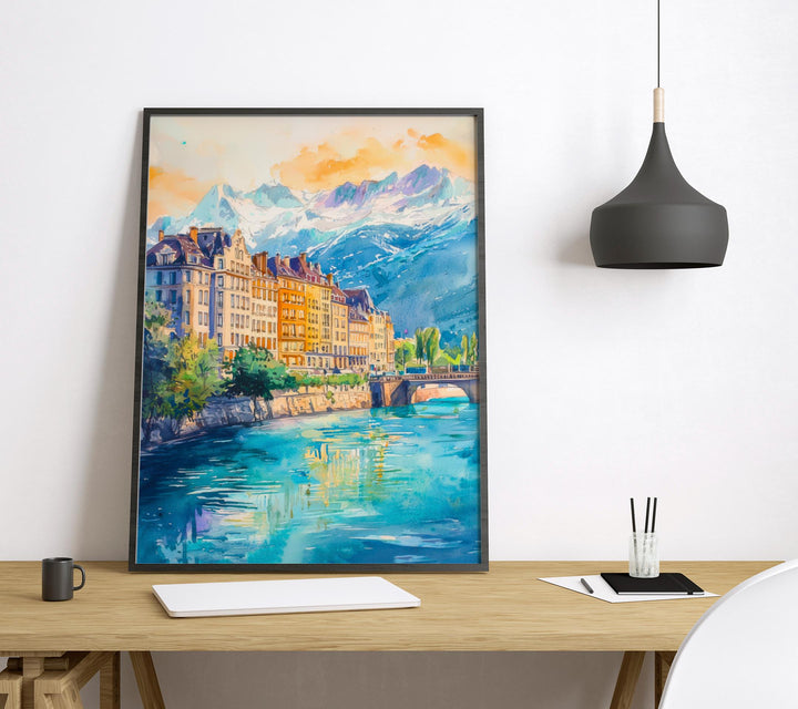 Grenoble Watercolor Poster Grenoble Travel Print France Wall Art Grenoble Decor Mountain City Scene French Alps Landscape Urban Print
