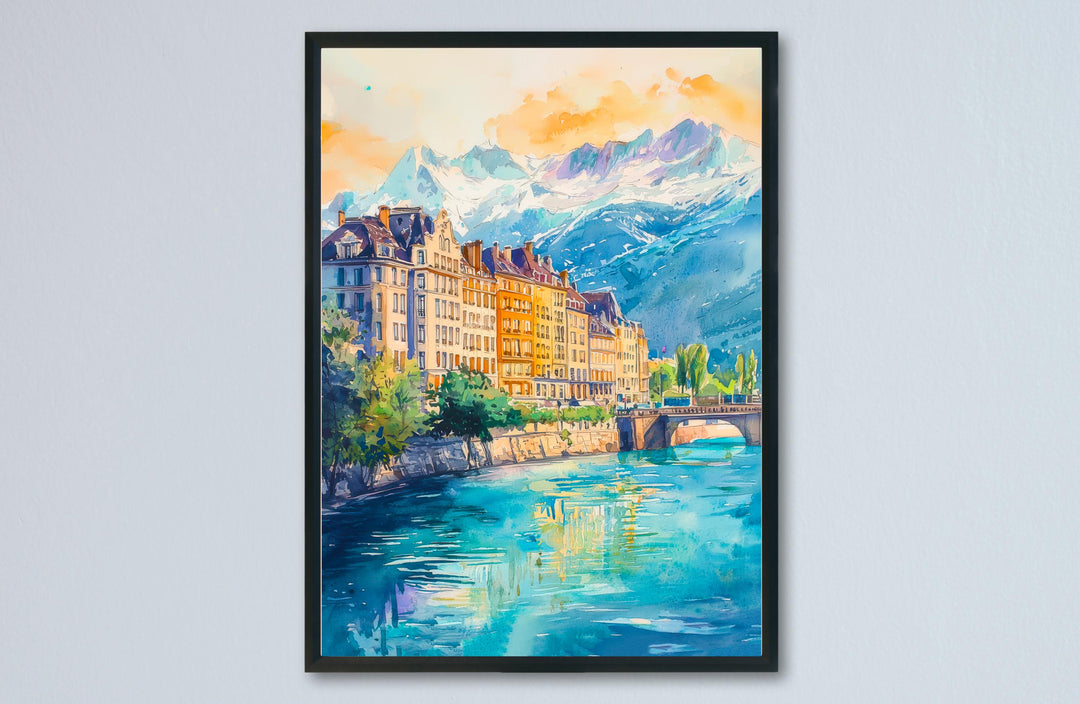 Grenoble Watercolor Poster Grenoble Travel Print France Wall Art Grenoble Decor Mountain City Scene French Alps Landscape Urban Print