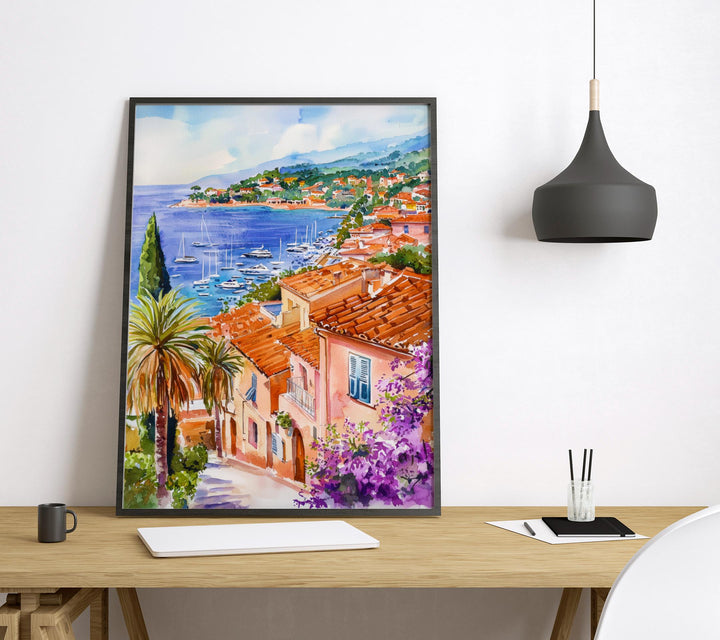 French Riviera Watercolor Poster France Travel Print Riviera Wall Art French Riviera Decor Coastal City Scene Mediterranean View Print