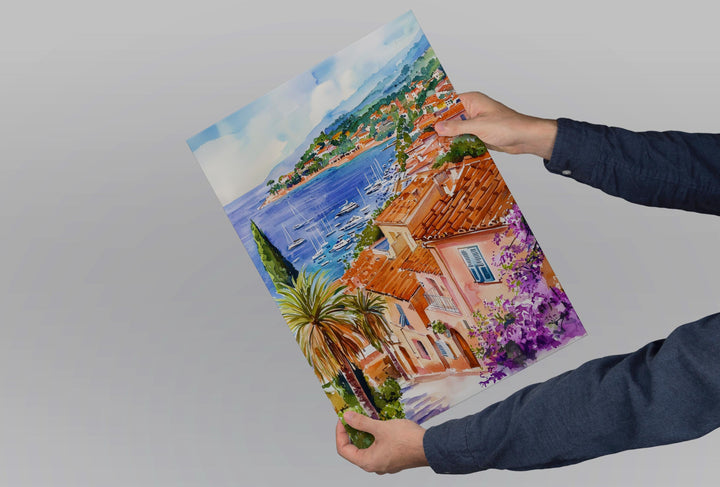French Riviera Watercolor Poster France Travel Print Riviera Wall Art French Riviera Decor Coastal City Scene Mediterranean View Print