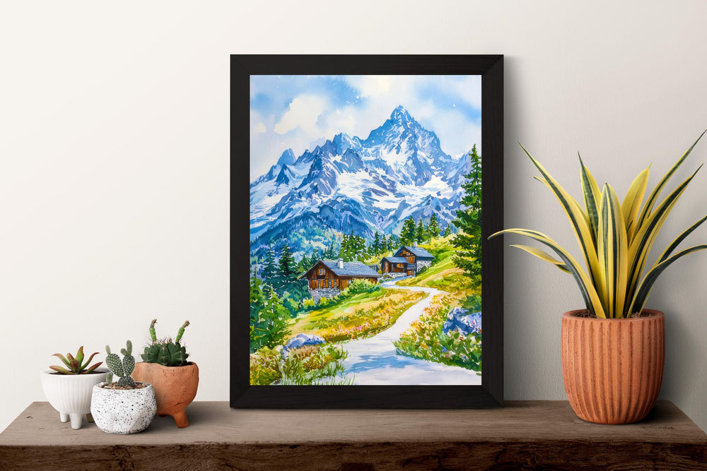 French Alps Watercolor Poster Alps Travel Print France Wall Art French Alps Decor Mountain Scene Ski Resort Landscape Nature View Print