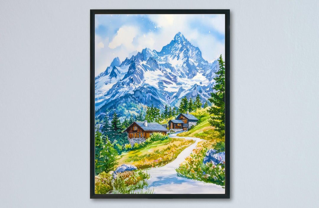 French Alps Watercolor Poster Alps Travel Print France Wall Art French Alps Decor Mountain Scene Ski Resort Landscape Nature View Print