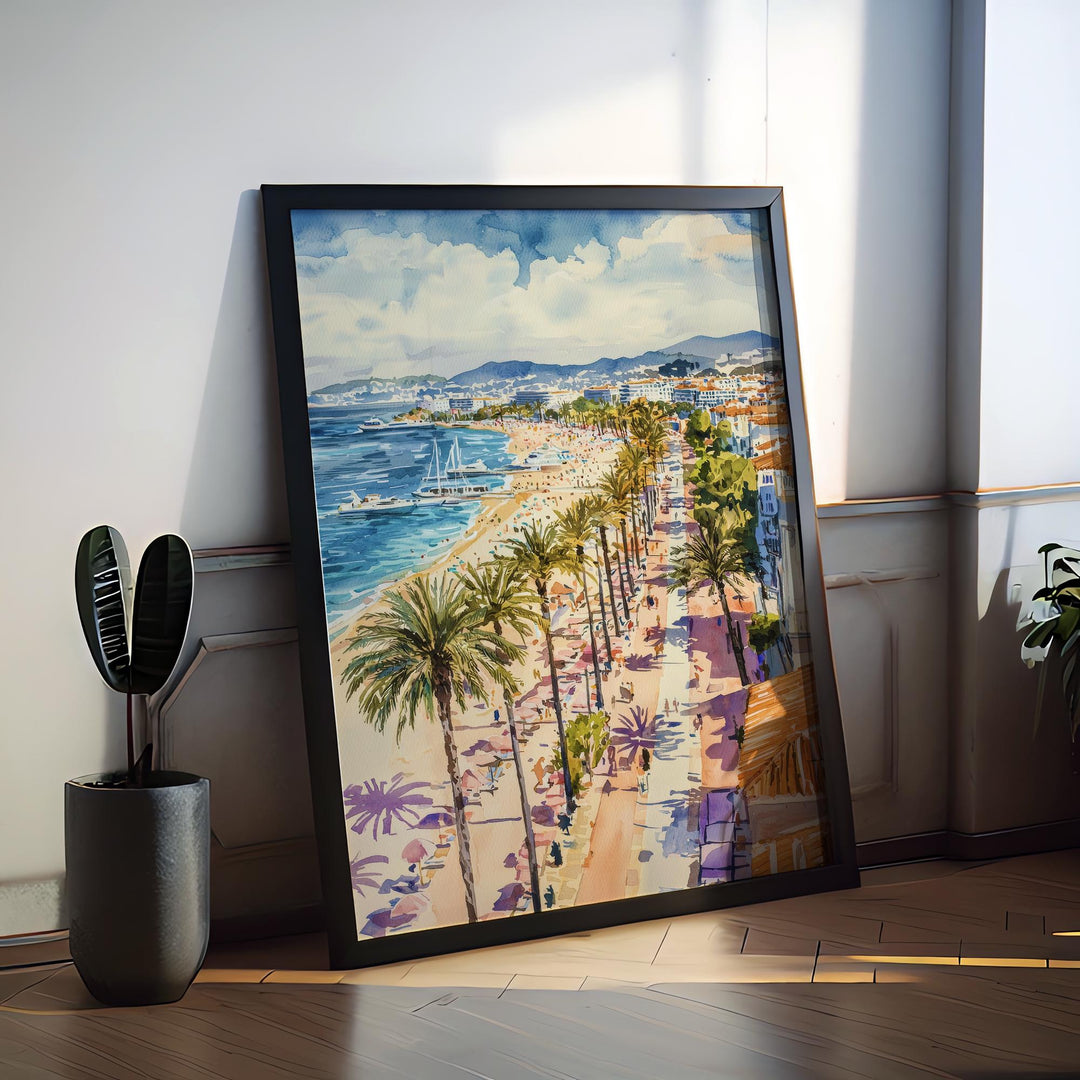 Cannes Watercolor Poster Cannes Travel Print France Wall Art Cannes Decor French Riviera Scene Seaside Cityscape Beach Sunset Print