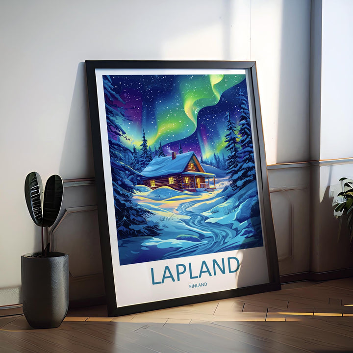 Lapland Cartoon Travel Poster Finland Wall Art Winter Print Arctic Illustration Snowy Decor Lapland Souvenir Gift