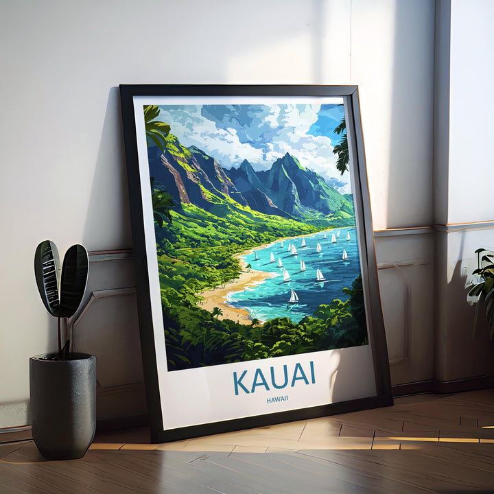 Kauai Cartoon Travel Poster Hawaii Wall Art Island Print Tropical Illustration Coastal Decor Kauai Souvenir Gift