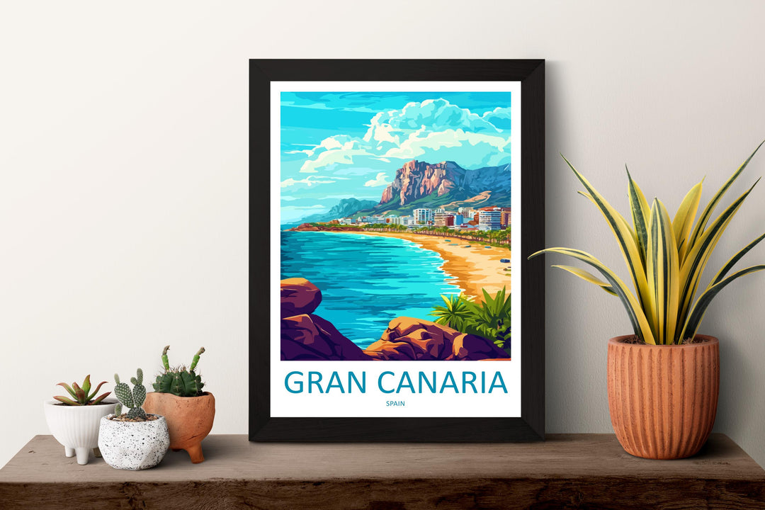 Gran Canaria Cartoon Travel Poster Spain Wall Art Island Landscape Print Coastal Decor Canary Islands Nature Scene Souvenir Gift